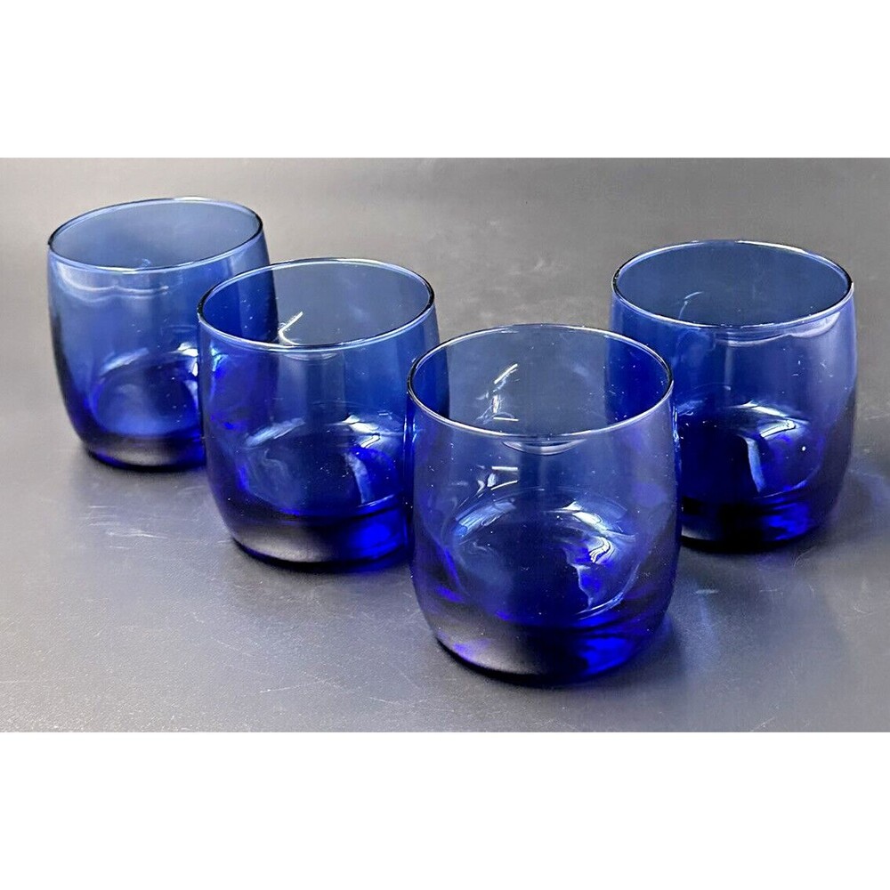 Cobalt Blue Lowball Art Glass Hand Blown Glasses Set of 4 Glasses 3.25 In Tall